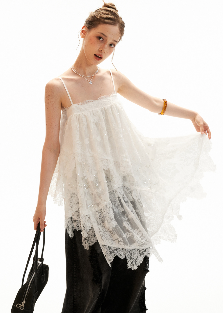 Layered white lace dress with soft sequin embroidery