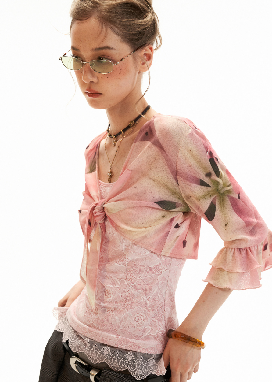 Lace-trim camisole with a sheer printed cardigan