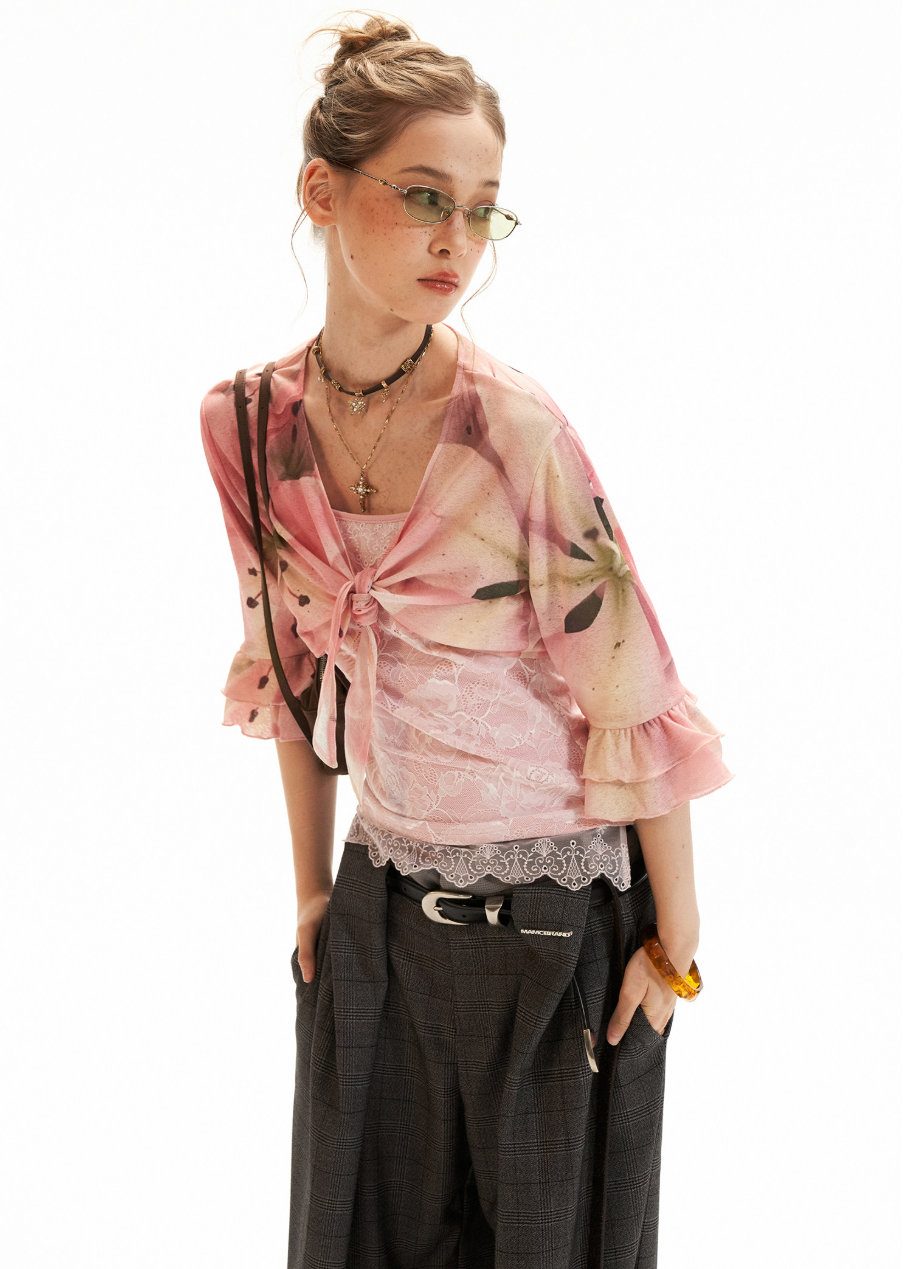 Pink cami and cardigan set with lace detail