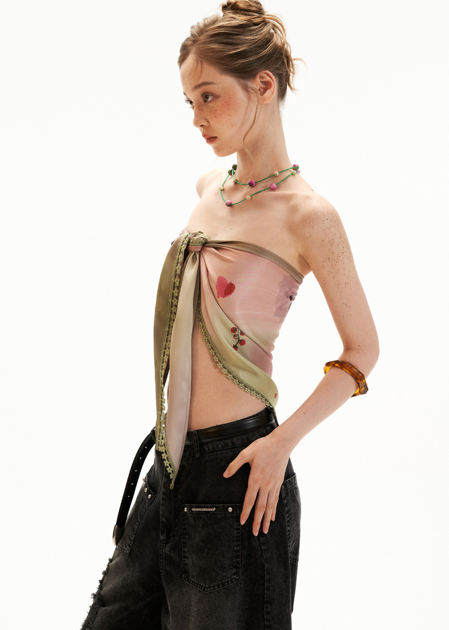 Printed strapless scarf top with a tie-back design