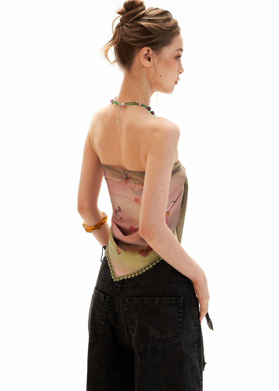 Printed strapless scarf top with a tie-back design