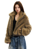 Furry top double zipper fashionable artificial fur short coat