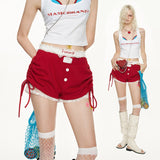 Drawstring pleated lantern red shorts