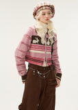 Striped rabbit double zipper knitted cardigan