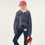 Tassel mixed thread polo button long sleeved sweater