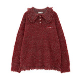 Tassel mixed thread polo button long sleeved sweater