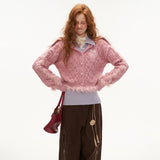 ハイカラーパッチワークウールセーターカーディガン