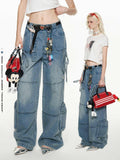 Bow retro workwear jeans multi-pocket loose casual straight pants
