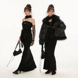 Tube top belt fishtail black dress