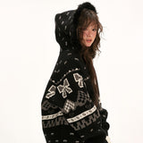 Hoodie bow Fair Isle sweater jacket top
