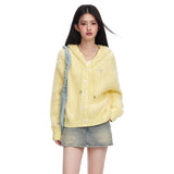 Fresh girl light blue two-color imitation mink knitted hooded cardigan