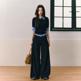 Round neck long sleeve slim sweater blue with plaid shirt