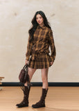 Yellow plaid sleeve slim top pleated skirt suit