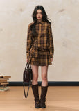 Yellow plaid sleeve slim top pleated skirt suit