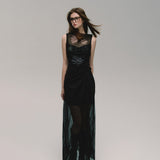 ブラックメッシュスリムスリットミディドレス