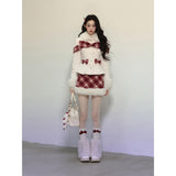 Plaid Wool Coat & Plush Skirt Set