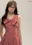 Red Plaid Floral Bow Dress