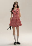 Red Plaid Floral Bow Dress