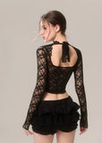 ブラックレースオフショルダーホルタートップ