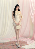French Hanging Neck slimming Top Lace pleated Short Skirt
