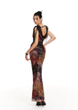 Fishtail printed mesh long dress