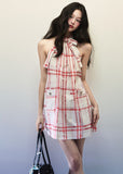 Red plaid halter neck ribbon dress