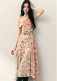 Diagonal shoulder patchwork floral dress