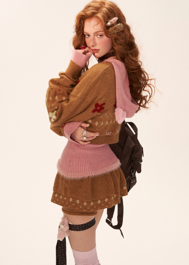 star flower knit sweater, jacquard crop sweater women, cute crew neck knit top, fall winter 2025 knitwear women, lazy style cropped sweater, korean cute knit fashion, loose jacquard sweater outfit, cozy streetwear sweater women, nowa tokyo soft street style
