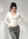 Ivory lace-trim V-neck knit maxi dress with long sleeves