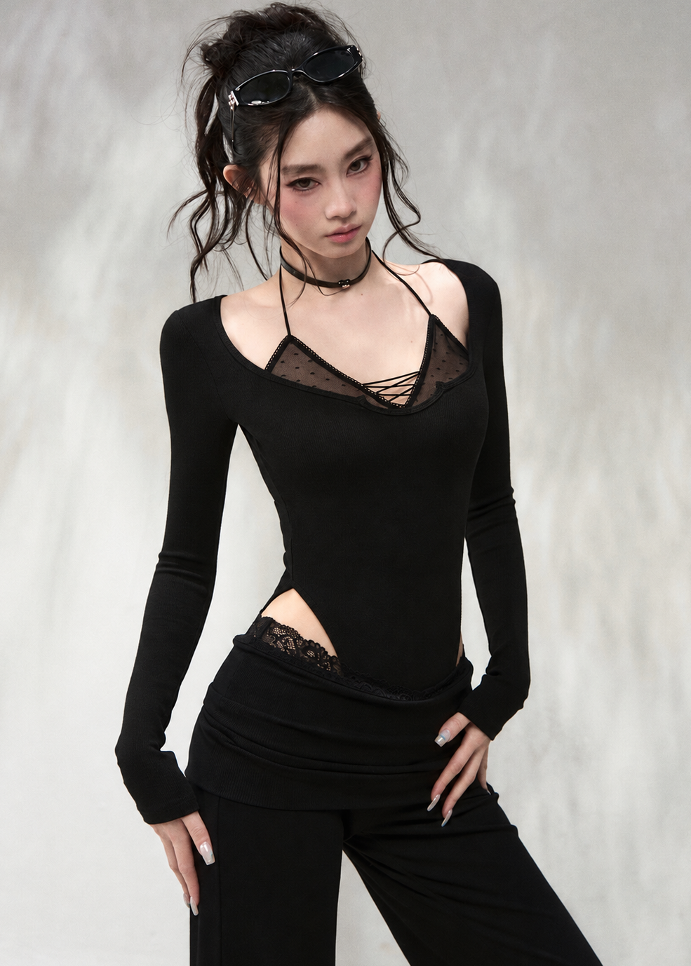 Black wide V-neck long sleeve top with faux layered design