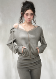 Heather grey lace-trim layered zip-up hoodie with wide neckline