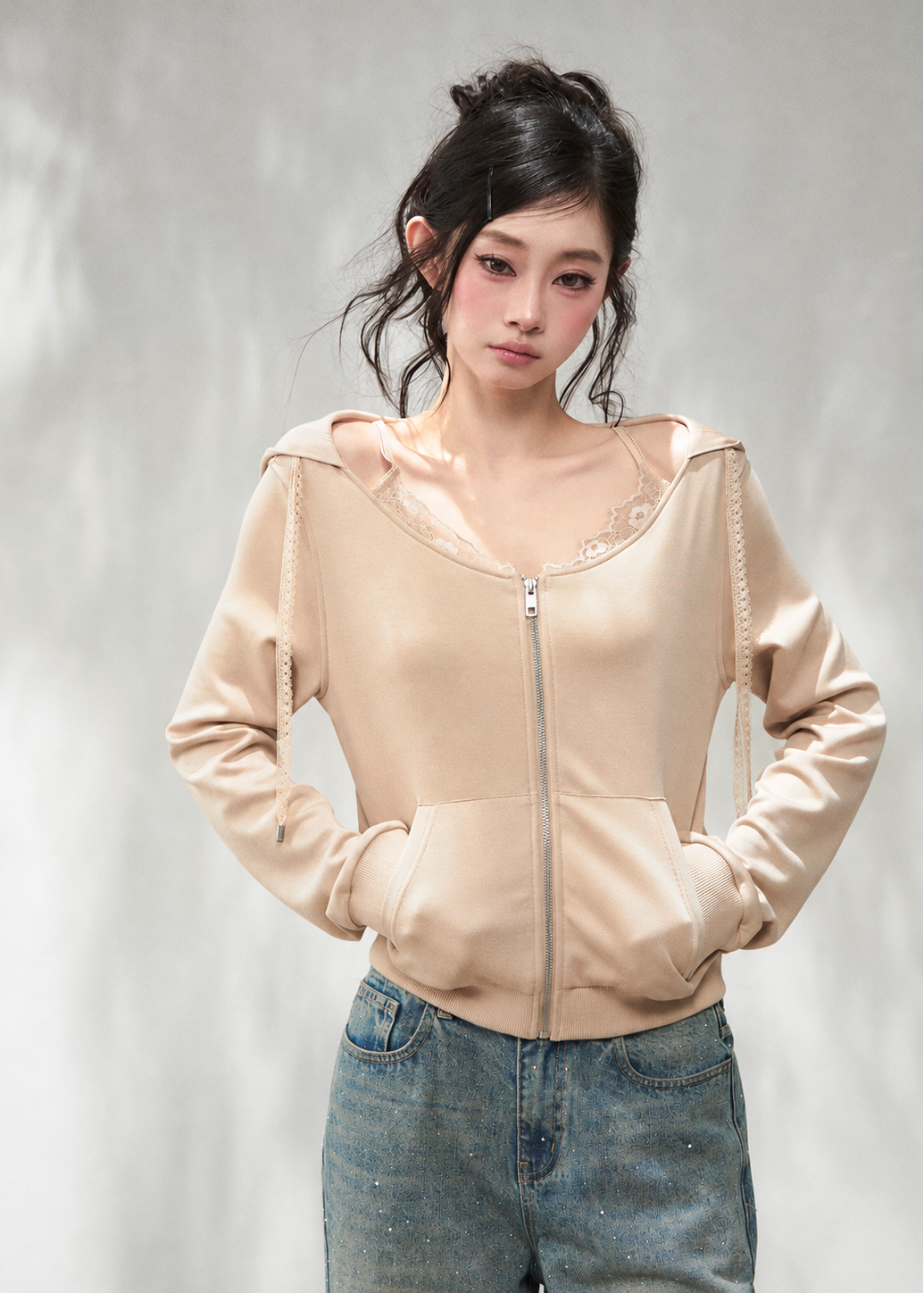 Soft lyocell blend long sleeve hoodie with shoulder strap accents