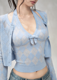Women's bow detail halter knit top with coordinating cropped cardigan