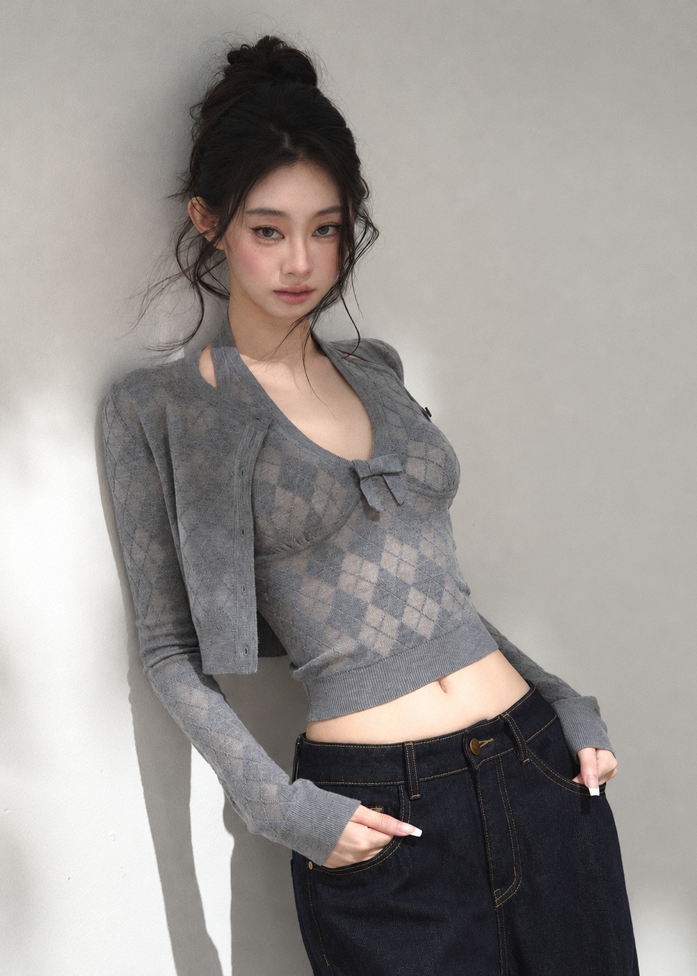 Women's bow detail halter knit top with coordinating cropped cardigan