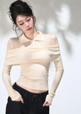 Women's fitted grey knit top with polo collar and long sleeves