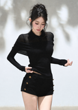 Black slim-fit polo knit top with asymmetric foldover shoulder design
