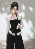 Blue striped shirt with grey textured knit corset overlay and waist tie