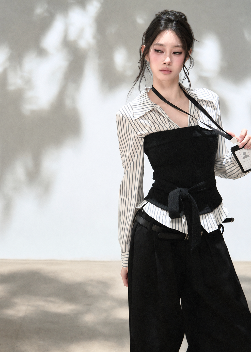 Women's collared striped shirt with textured corset-style knit panel