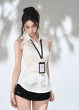 Women's two-piece layered knit and sleeveless shirt set with buckle waist