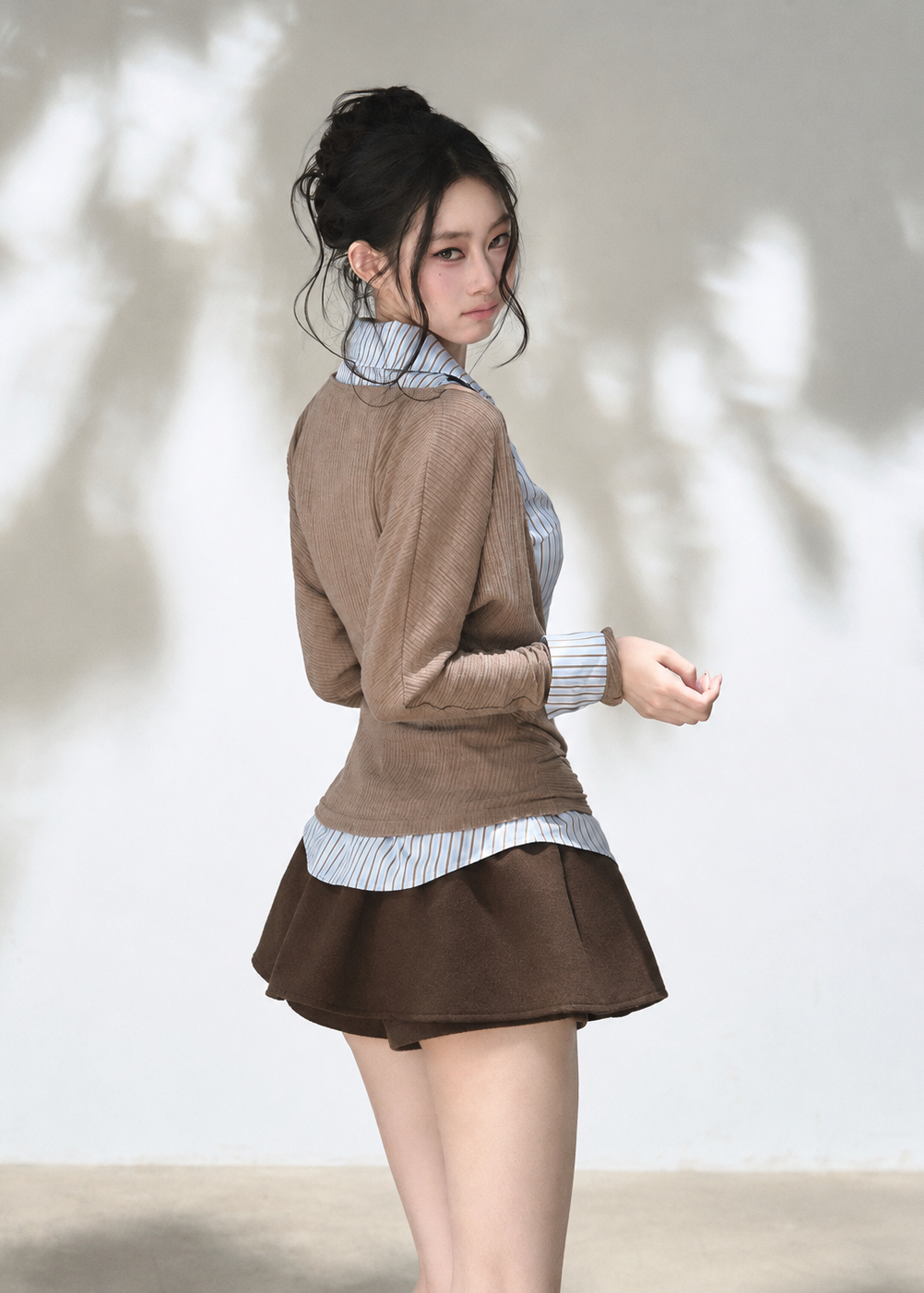 Vintage-inspired collared shirt and fitted wrap-style knit top set