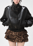 Women's oversized black leather-look biker jacket with belted hem