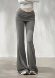 Grey lace-trim flare pants with ruched fold-over waistband