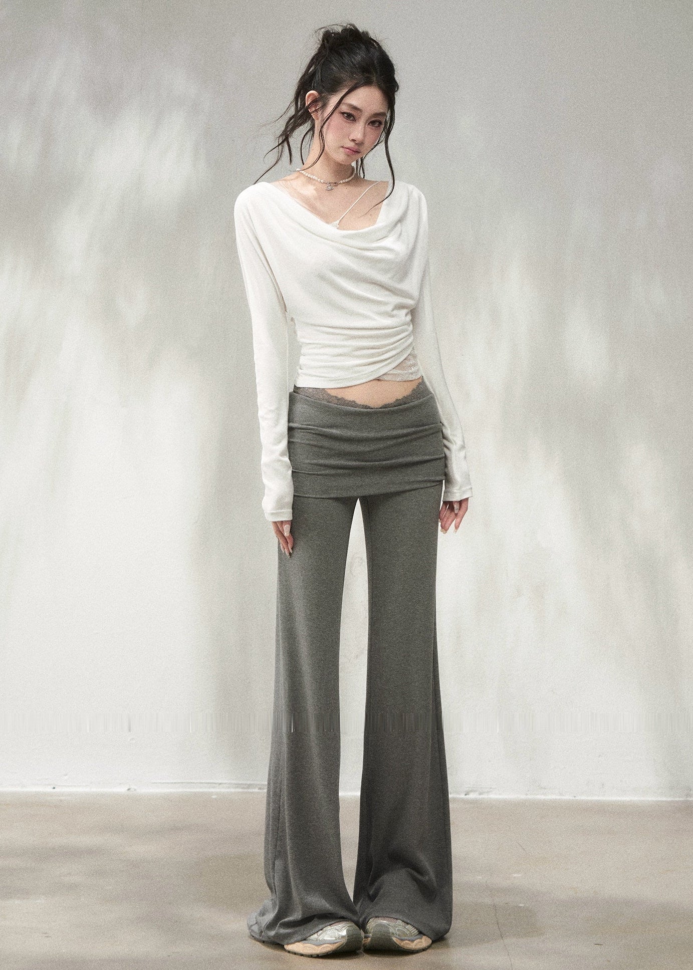 Grey lace-trim flare pants with ruched fold-over waistband