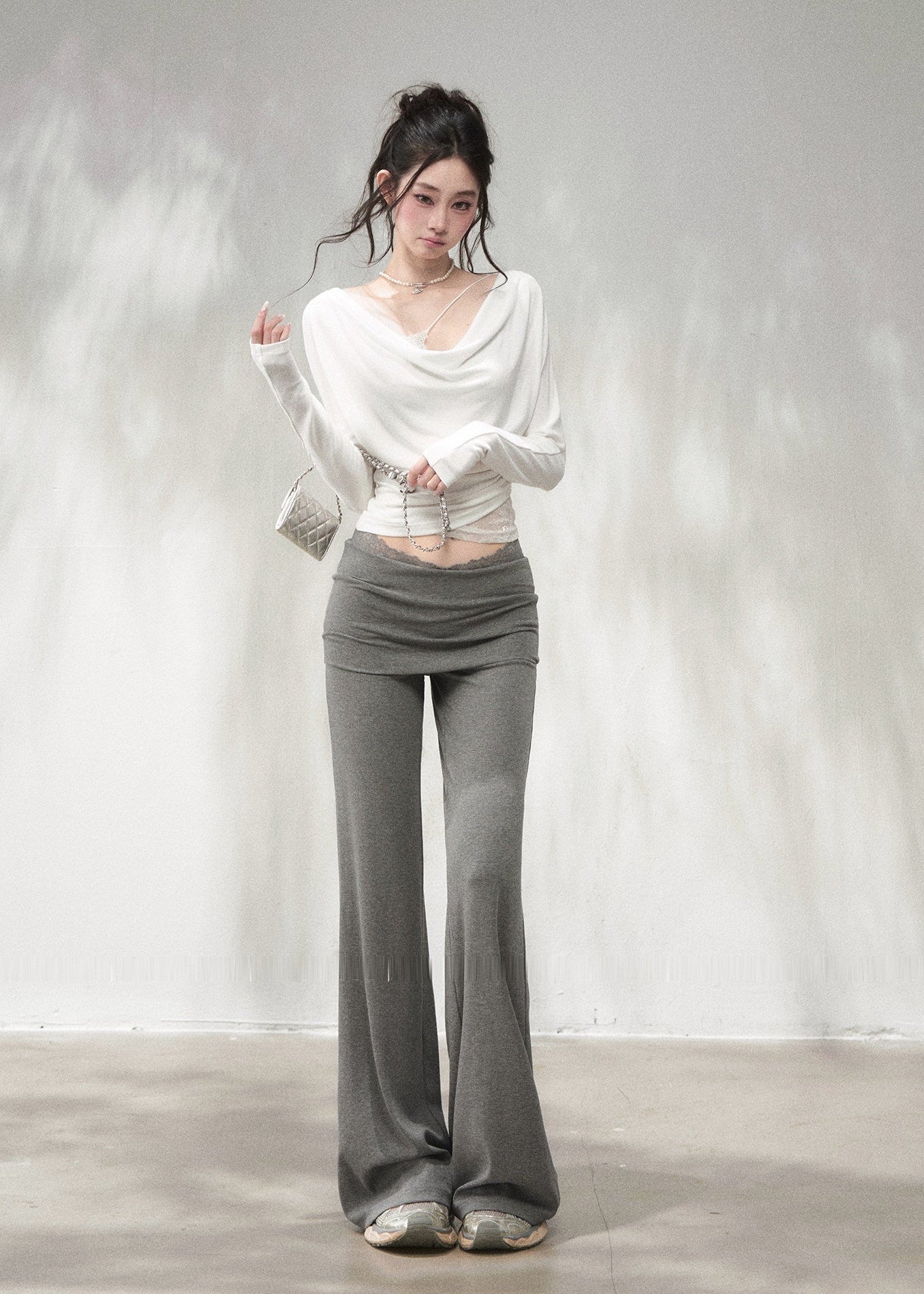 Grey lace-trim flare pants with ruched fold-over waistband