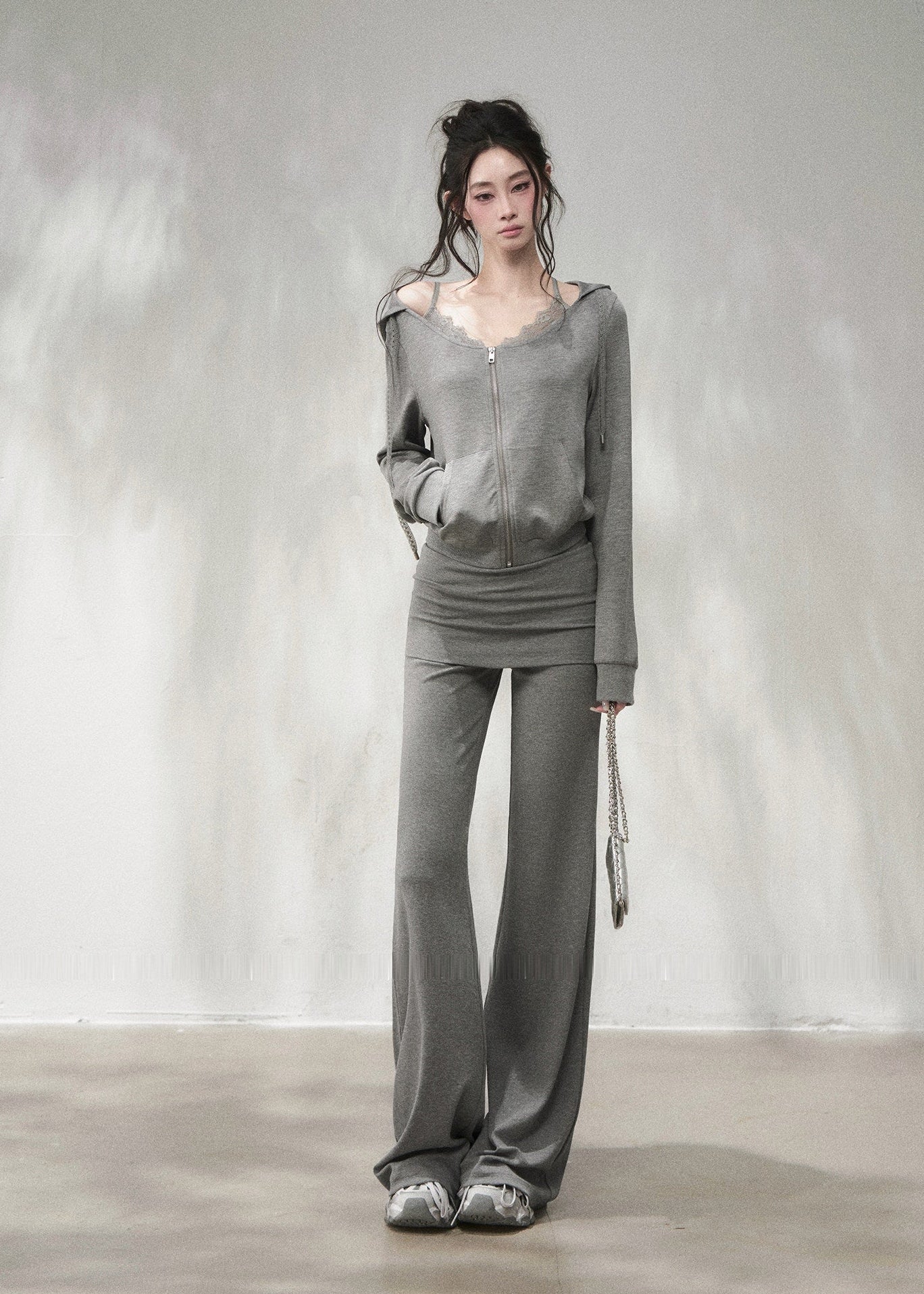 Grey lace-trim flare pants with ruched fold-over waistband