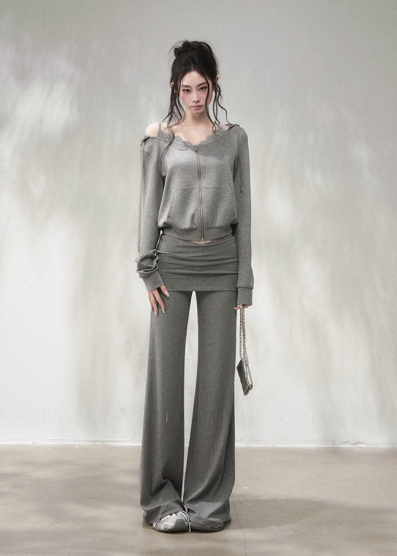 Grey lace-trim flare pants with ruched fold-over waistband