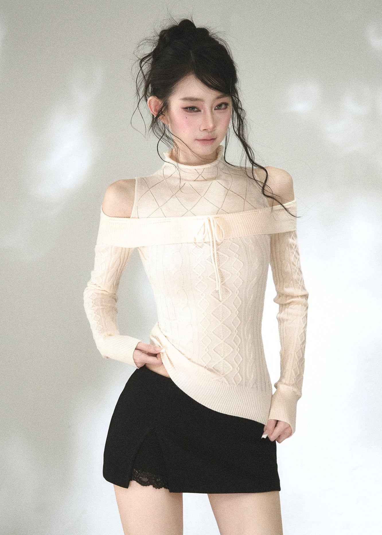 off shoulder diamond knit top for women in soft ivory