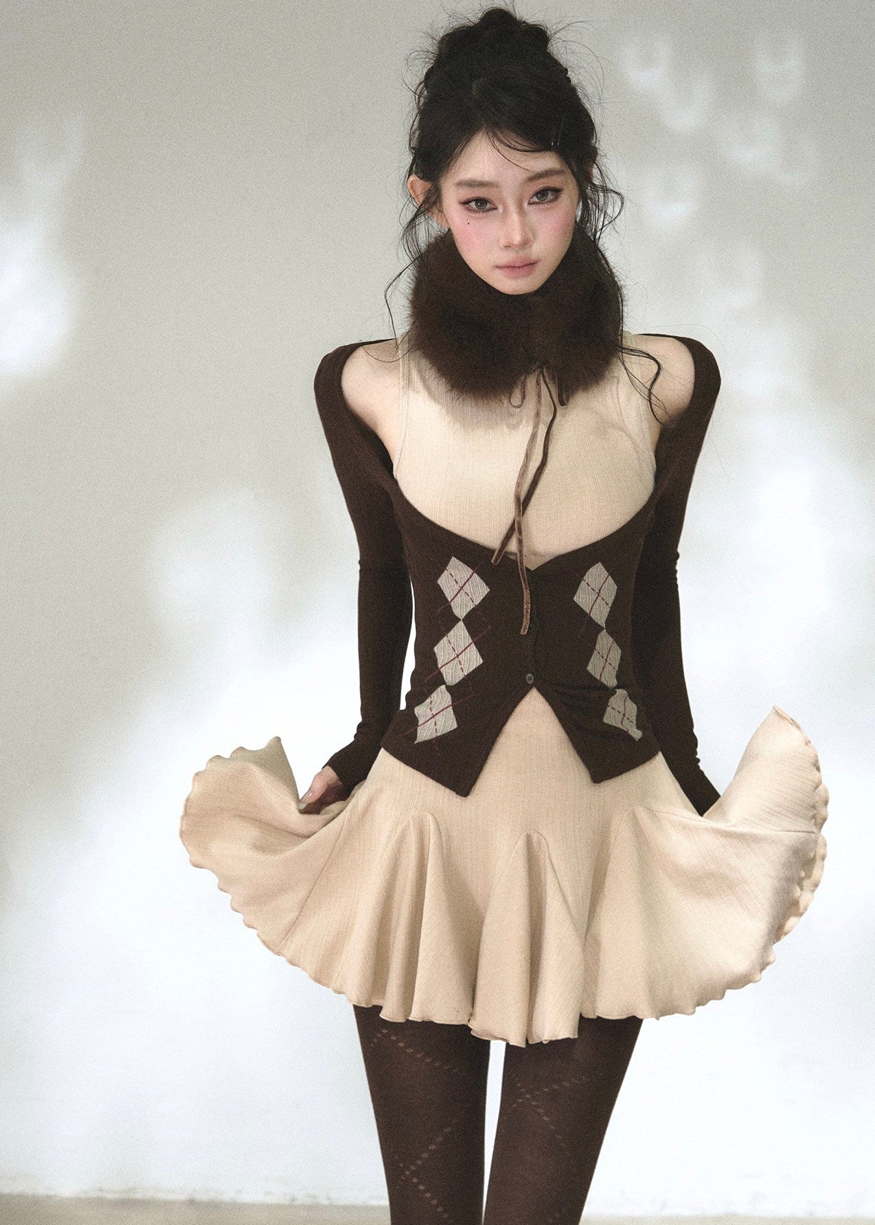 Women's diamond pattern knit cardigan and high-neck mini dress set