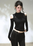 black slim fit off shoulder knit top with mock neck