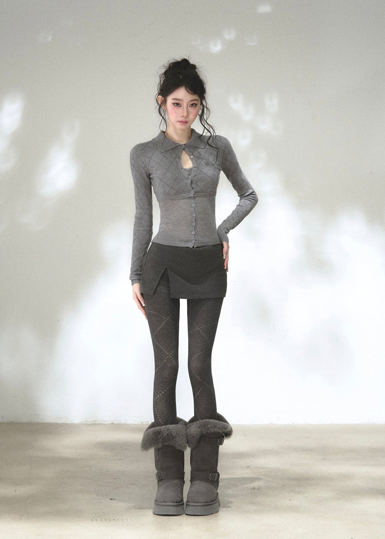 Heather grey vintage-inspired knit top with collar and keyhole detail